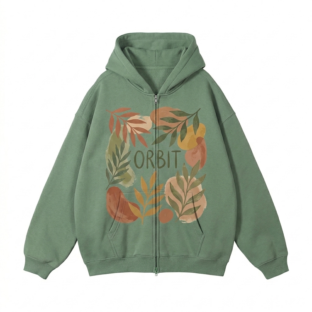 Custom Custom Fleece Zip-Through Hoodie design direction 2: Abstract Botanical Graphic featuring the ORBIT wordmark