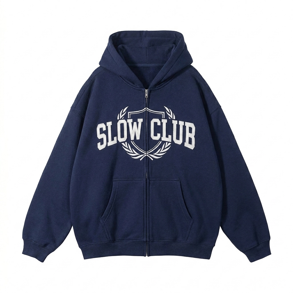 Custom Custom Fleece Zip-Through Hoodie design direction 3: Retro Collegiate Emblem featuring the SLOW CLUB wordmark