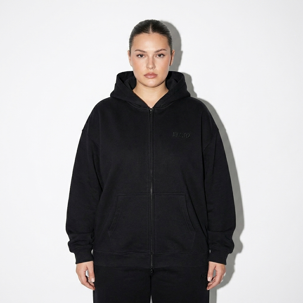 Custom Fleece Zip-Through Hoodie worn by a curvy German female fashion influencer, clean-girl minimal styling, studio lookbook — custom custom fleece zip-through hoodie
