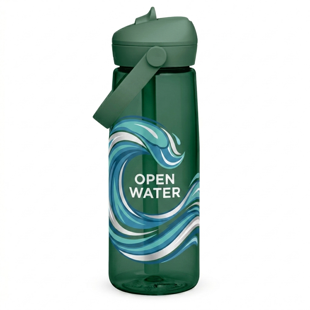 Custom Flip Straw Water Bottle design direction 2: Abstract Wave Graphic featuring the OPEN WATER wordmark