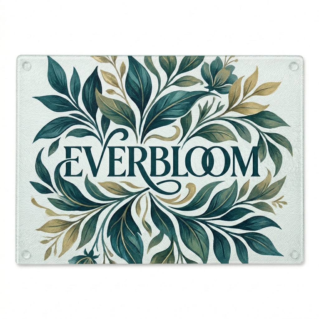 Custom Custom Glass Cutting Board design direction 2: Botanical Illustration featuring the EVERBLOOM wordmark