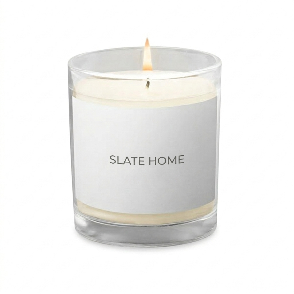 Custom Custom Glass Jar Candle design direction 1: Minimalist Home Brand featuring the SLATE HOME wordmark