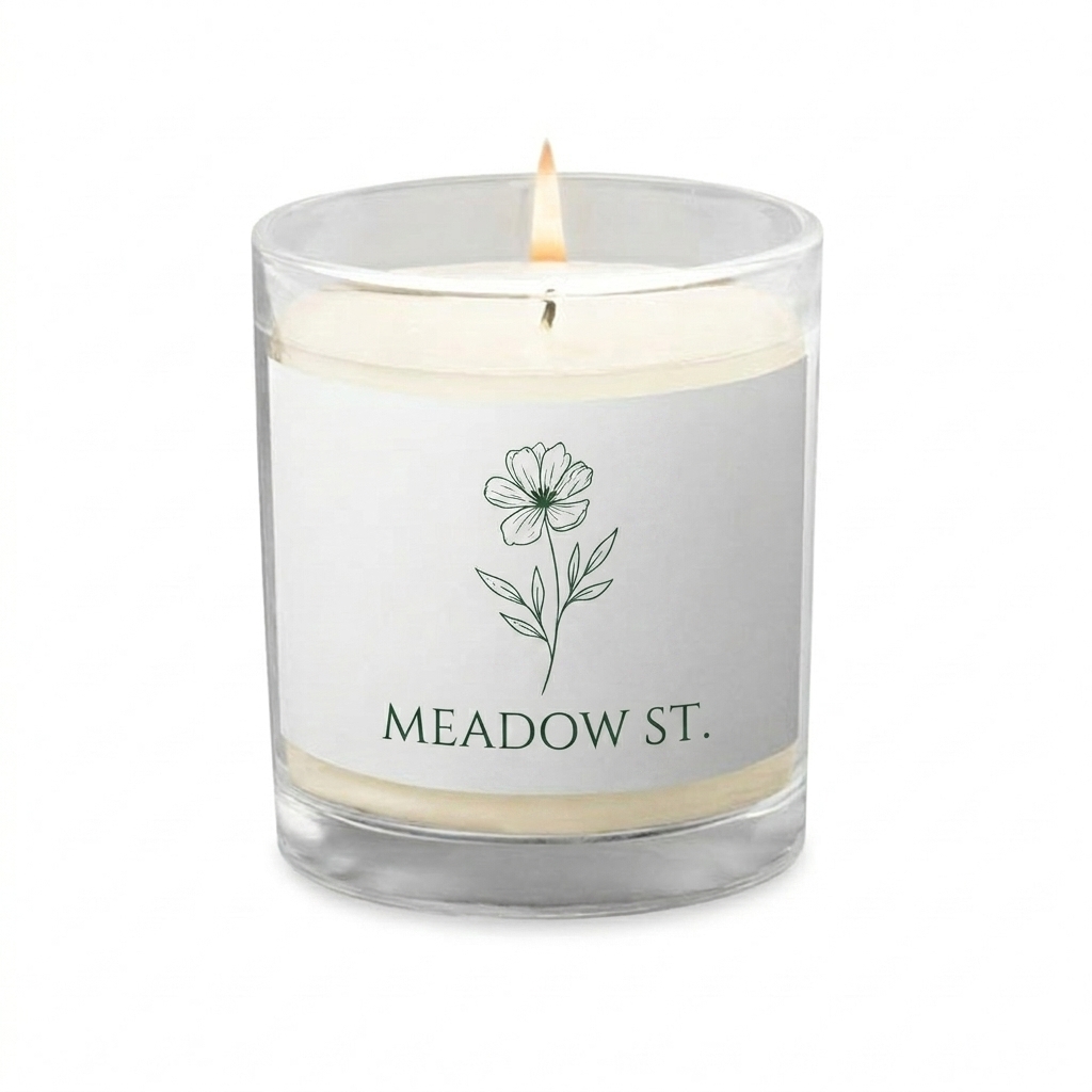 Custom Custom Glass Jar Candle design direction 2: Botanical Illustration featuring the MEADOW ST. wordmark