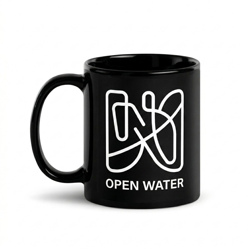 Custom Glossy Ceramic Mug design direction 2: Abstract Graphic Mug featuring the OPEN WATER wordmark