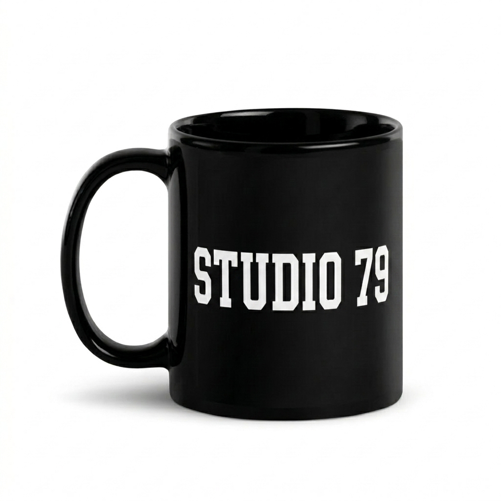 Custom Glossy Ceramic Mug design direction 3: Collegiate Type Mug featuring the STUDIO 79 wordmark