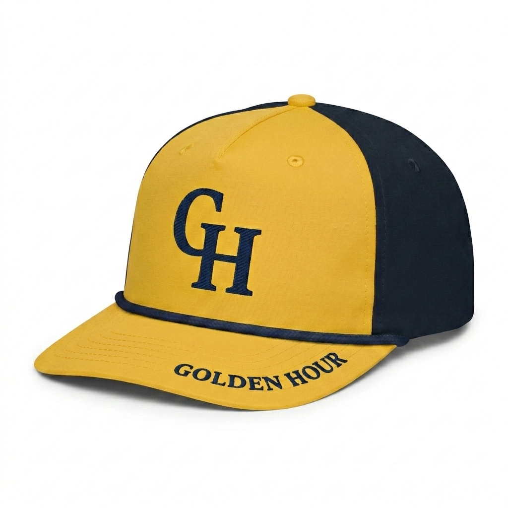 Custom Golf Rope Cap design direction 3: Abstract Geometric Monogram featuring the GOLDEN HOUR wordmark