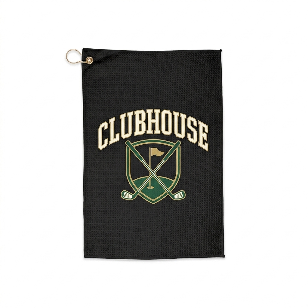 Custom Custom Golf Towel design direction 3: Retro Collegiate Emblem featuring the CLUBHOUSE wordmark