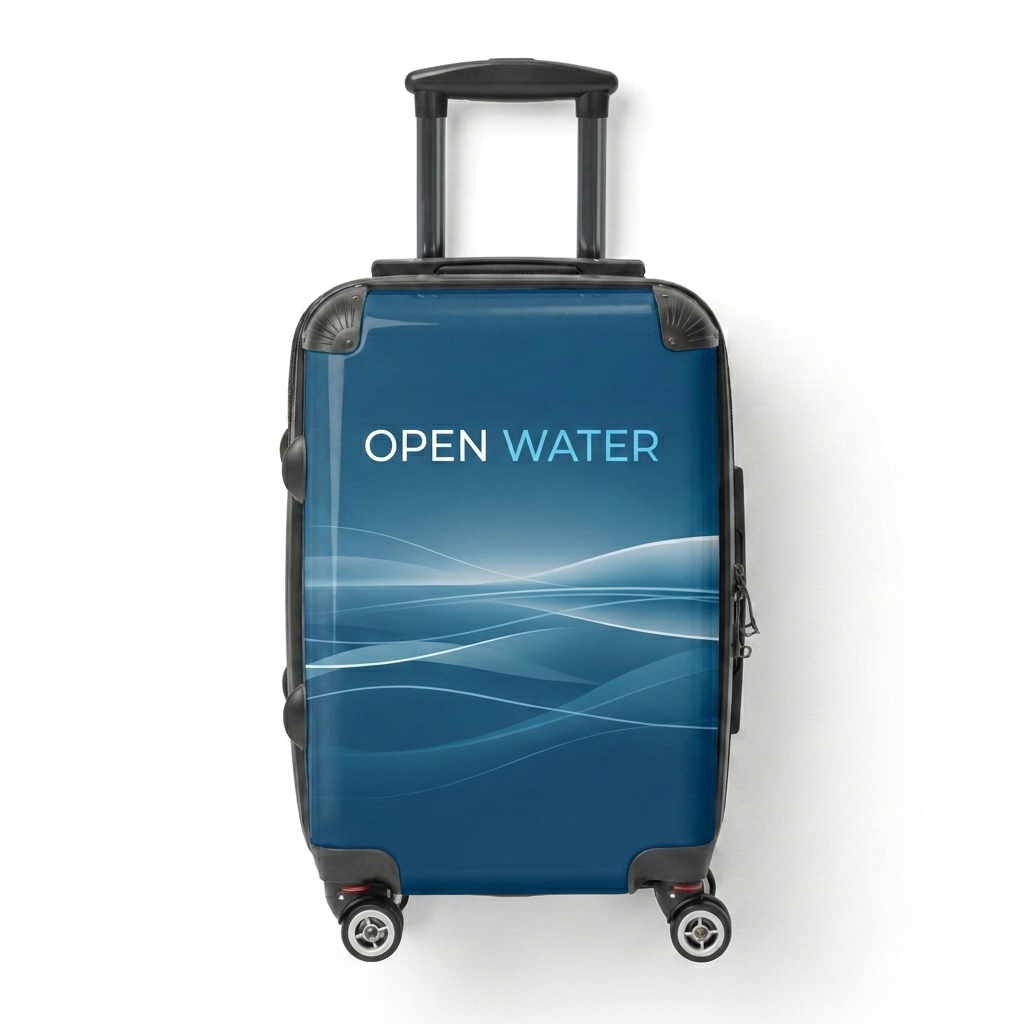 Custom Hard Shell Suitcase design direction 1: Minimalist Horizon featuring the OPEN WATER wordmark