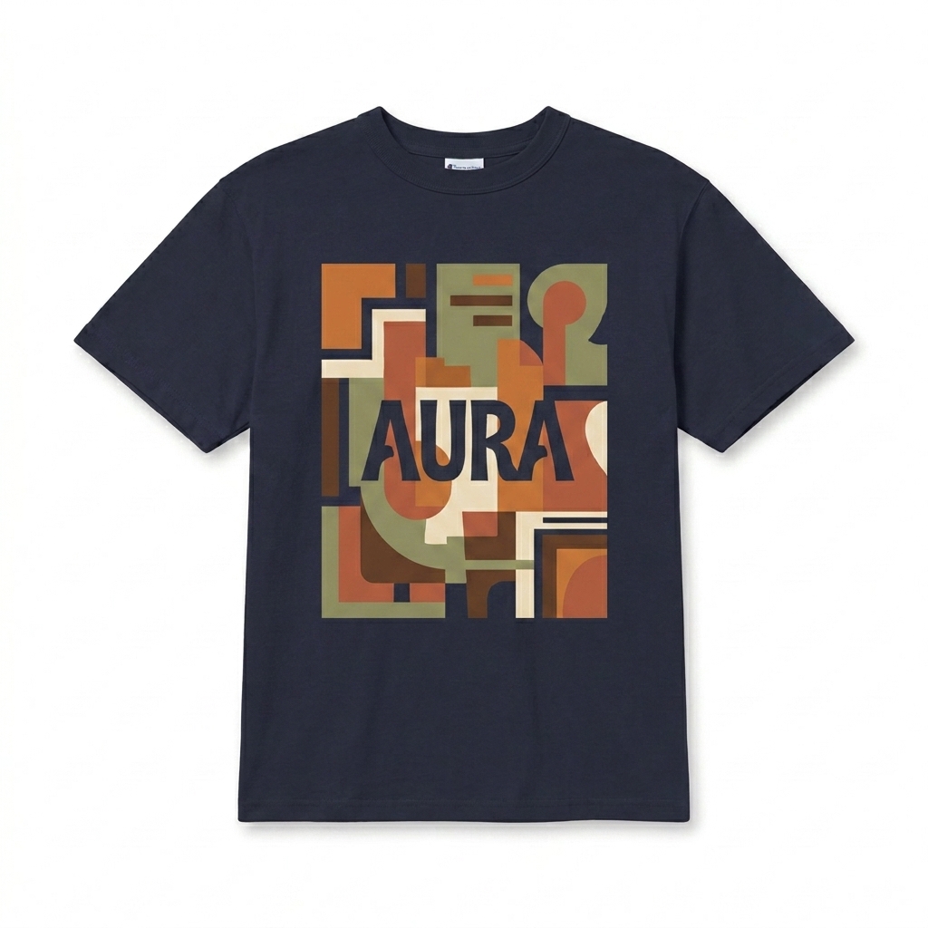Custom Custom Heritage T-Shirt design direction 2: Bold Graphic Illustration featuring the AURA wordmark