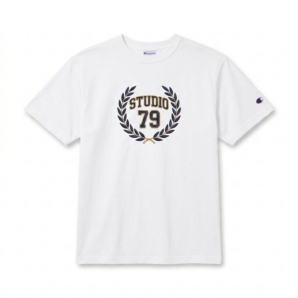 Custom Custom Heritage T-Shirt design direction 3: Retro Collegiate Emblem featuring the STUDIO 79 wordmark