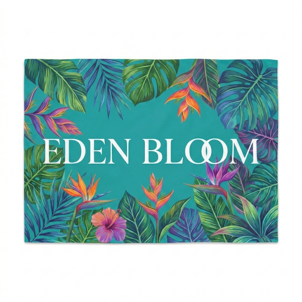Custom Custom Indoor Wall Tapestry design direction 3: Vibrant Botanical Illustration featuring the EDEN BLOOM wordmark