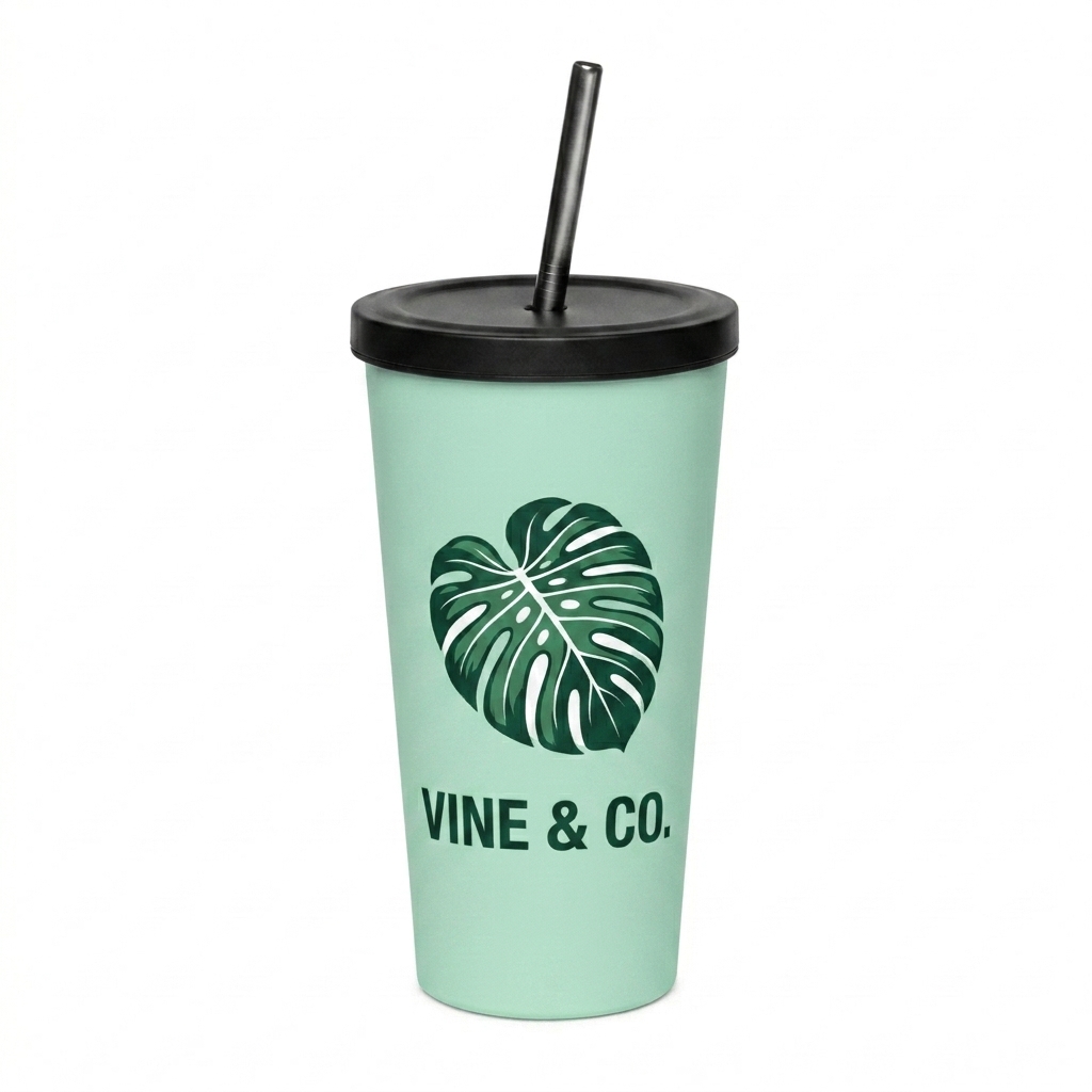 Custom Insulated Tumbler with Straw design direction 2: Botanical Illustration featuring the VINE & CO. wordmark
