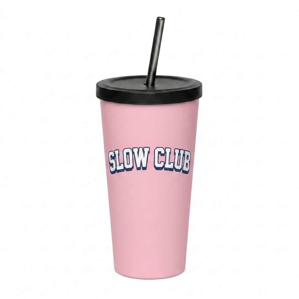 Custom Insulated Tumbler with Straw design direction 3: Retro Collegiate Aesthetic featuring the SLOW CLUB wordmark