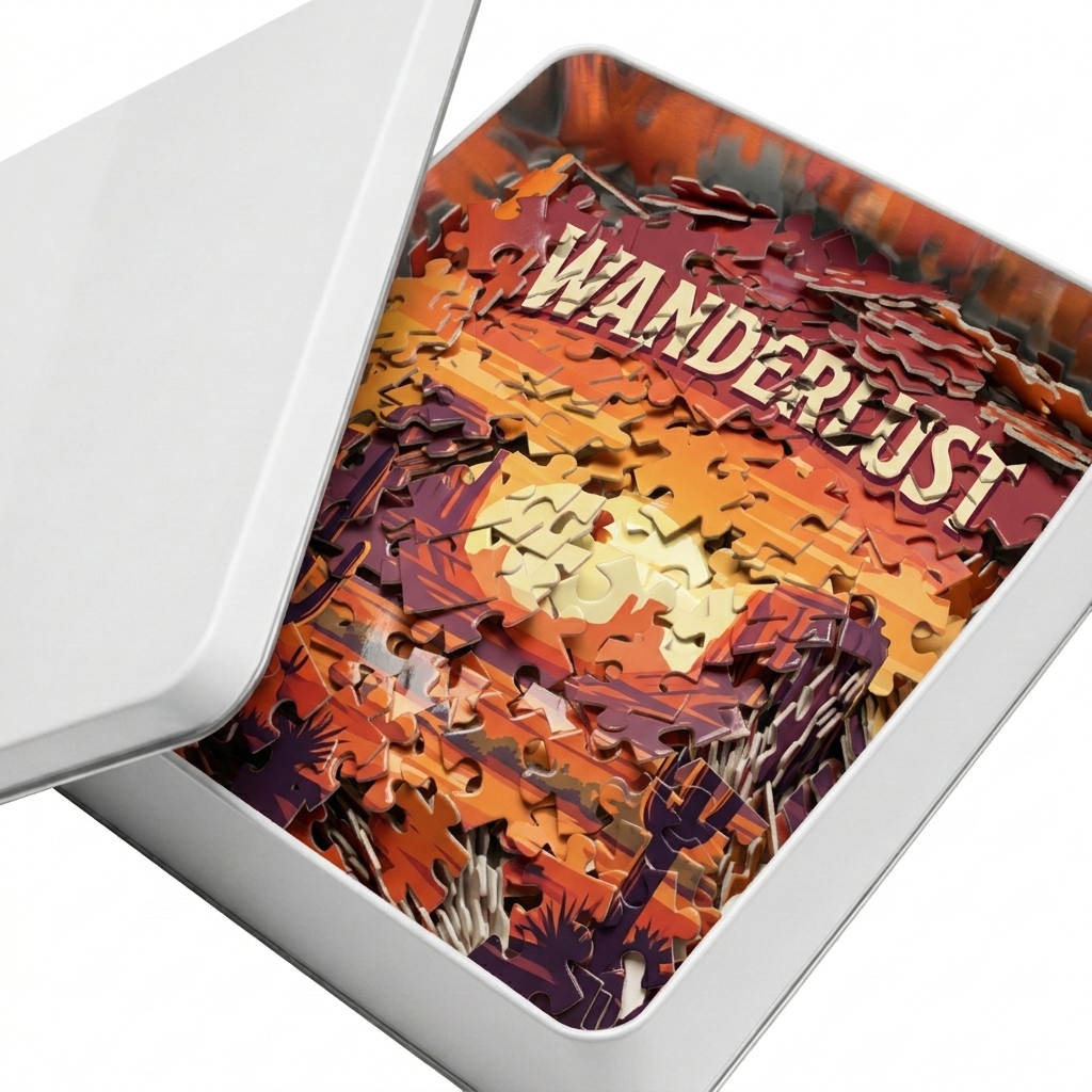 Custom Custom Jigsaw Puzzle design direction 3: Vintage Travel Poster featuring the WANDERLUST wordmark