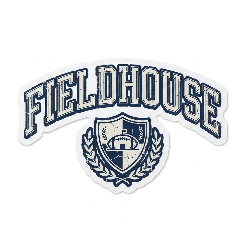 Custom Custom Kiss-Cut Stickers design direction 3: Retro Collegiate Emblem featuring the FIELDHOUSE wordmark