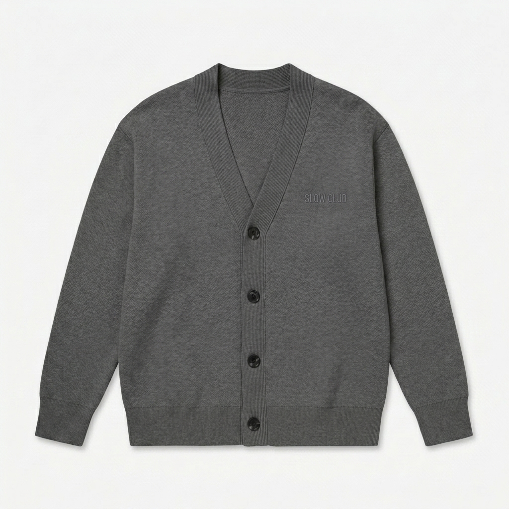 Custom Custom Knitted Cardigan design direction 1: Subtle Identity featuring the SLOW CLUB wordmark