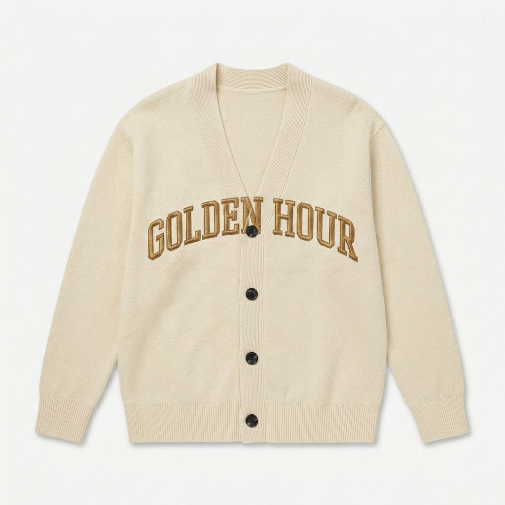 Custom Custom Knitted Cardigan design direction 2: Abstract Flow featuring the AXIS 02 wordmark