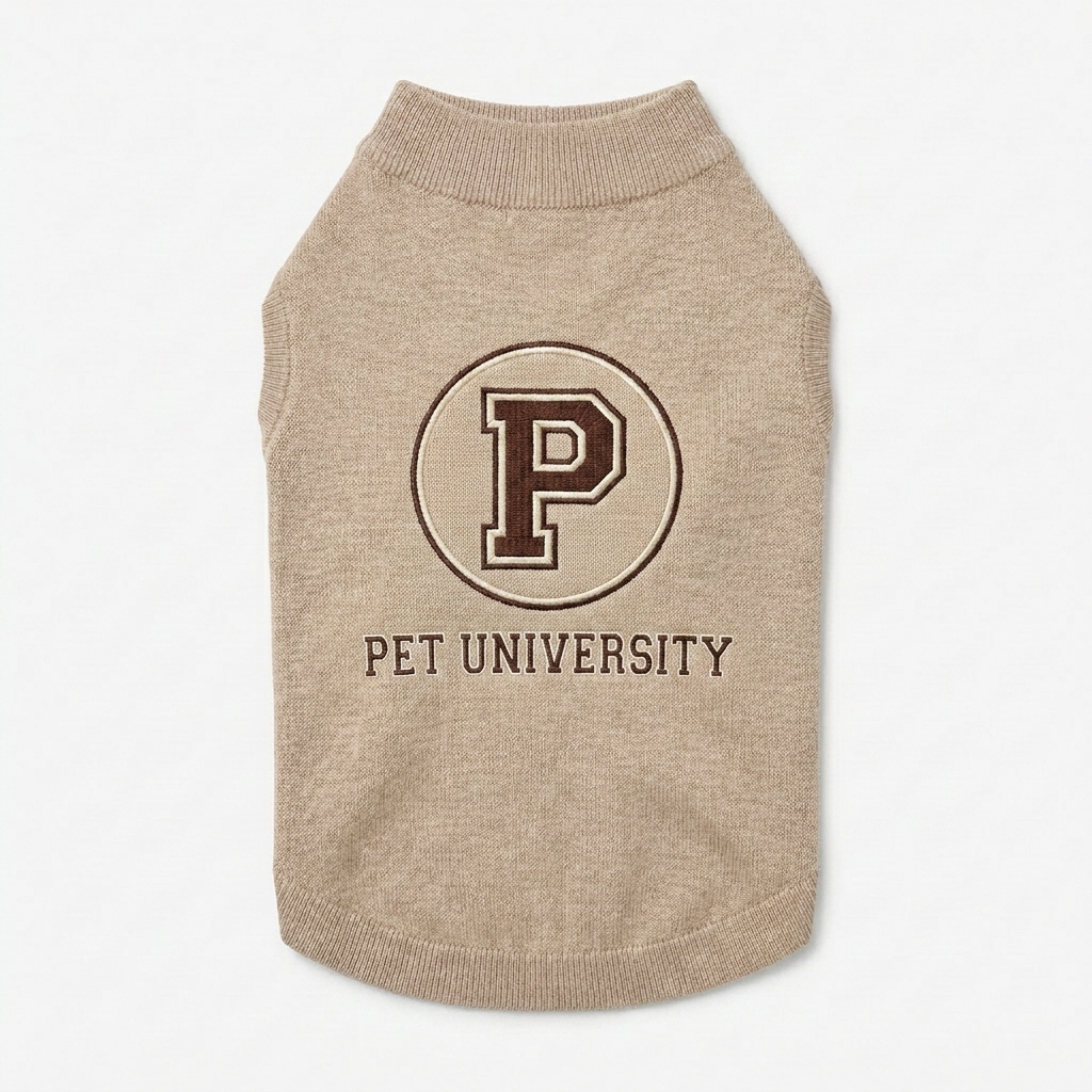 Custom Knitted Pet Sweater design direction 3: Retro Collegiate Emblem featuring the PET UNIVERSITY wordmark