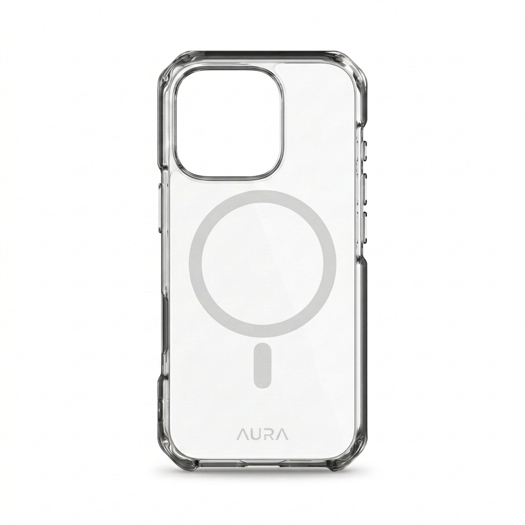 Custom MagSafe Compatible Clear Phone Case design direction 1: Tonal Minimalist Wordmark featuring the AURA wordmark