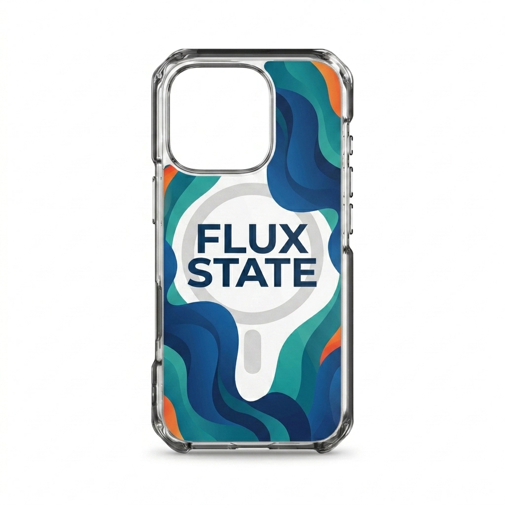 Custom MagSafe Compatible Clear Phone Case design direction 2: Bold Abstract Graphic featuring the FLUX STATE wordmark