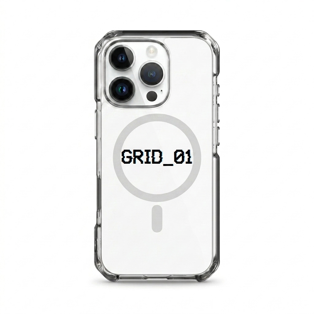 Custom MagSafe Compatible Clear Phone Case design direction 3: Retro Tech Typography featuring the GRID_01 wordmark