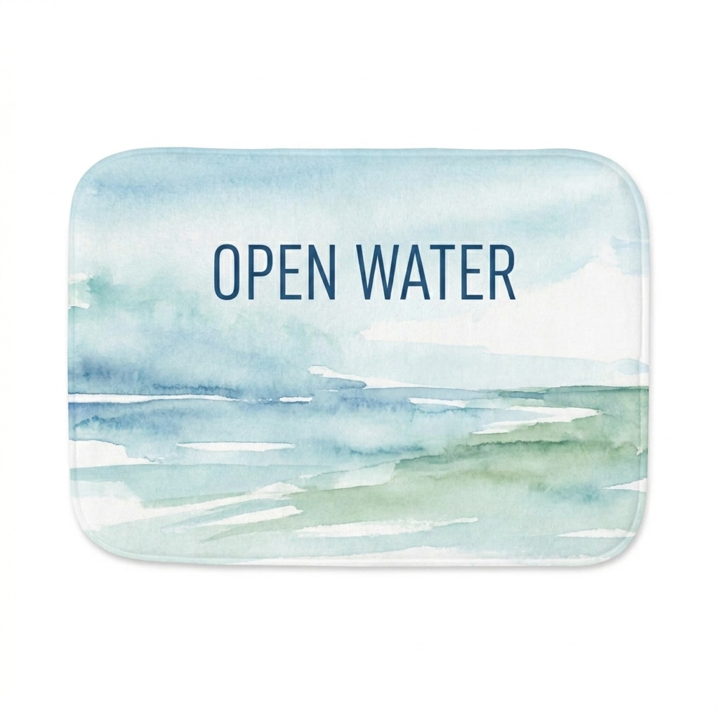 Custom Memory Foam Bath Mat design direction 1: Abstract Coastal Scene featuring the OPEN WATER wordmark