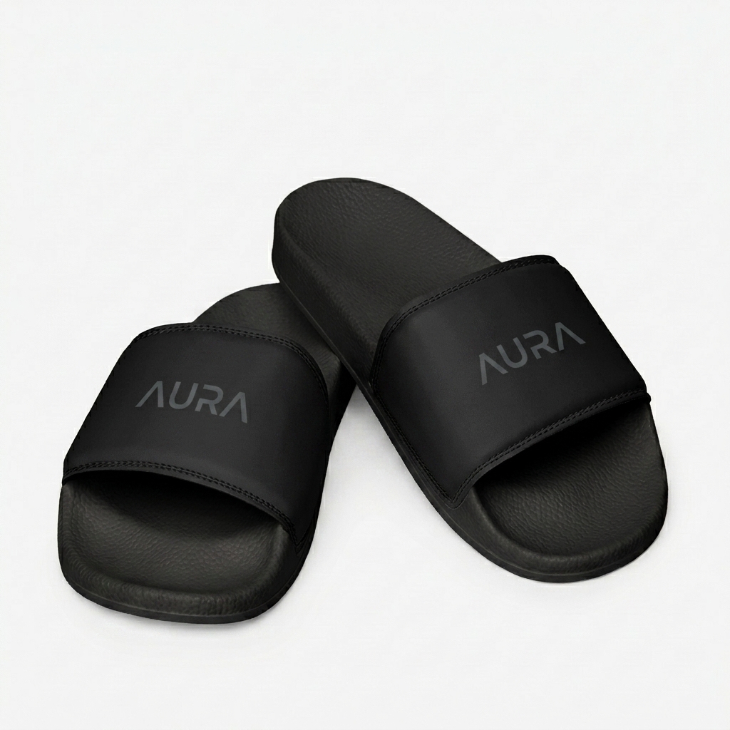 Custom Custom Men's Slides design direction 1: Minimalist Wordmark featuring the AURA wordmark