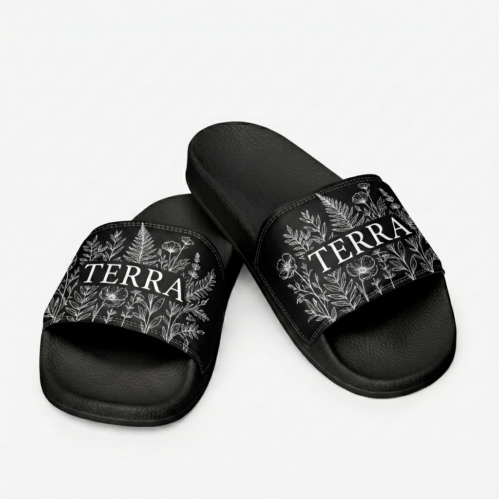 Custom Custom Men's Slides design direction 3: Nature-Inspired Illustration featuring the TERRA wordmark