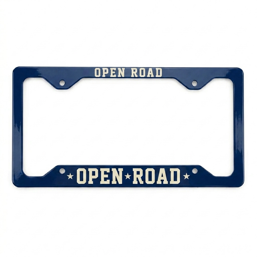 Custom Custom Metal License Plate Frame design direction 1: Retro Collegiate Wordmark featuring the OPEN ROAD wordmark