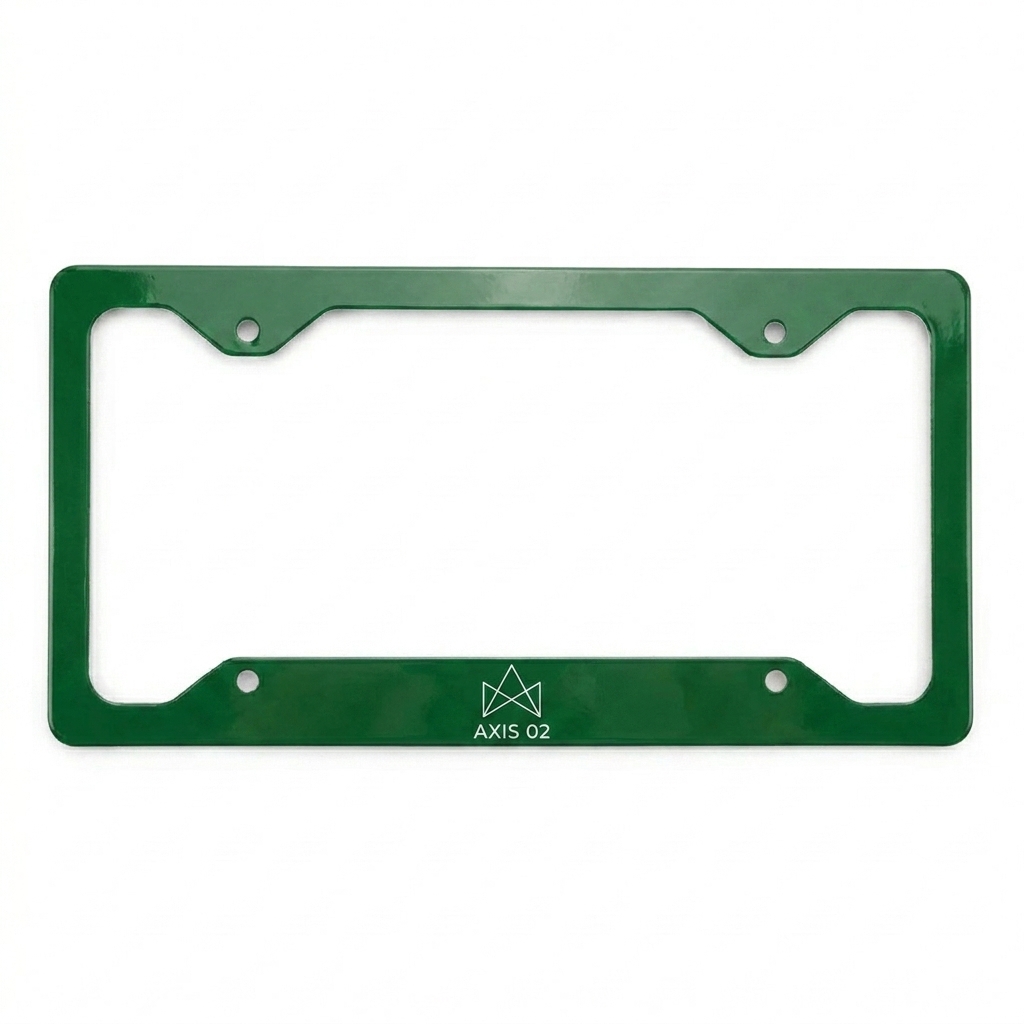 Custom Custom Metal License Plate Frame design direction 2: Minimalist Geometric Emblem featuring the AXIS 02 wordmark