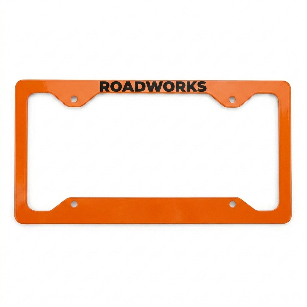 Custom Custom Metal License Plate Frame design direction 3: Bold Graphic Text featuring the ROADWORKS wordmark