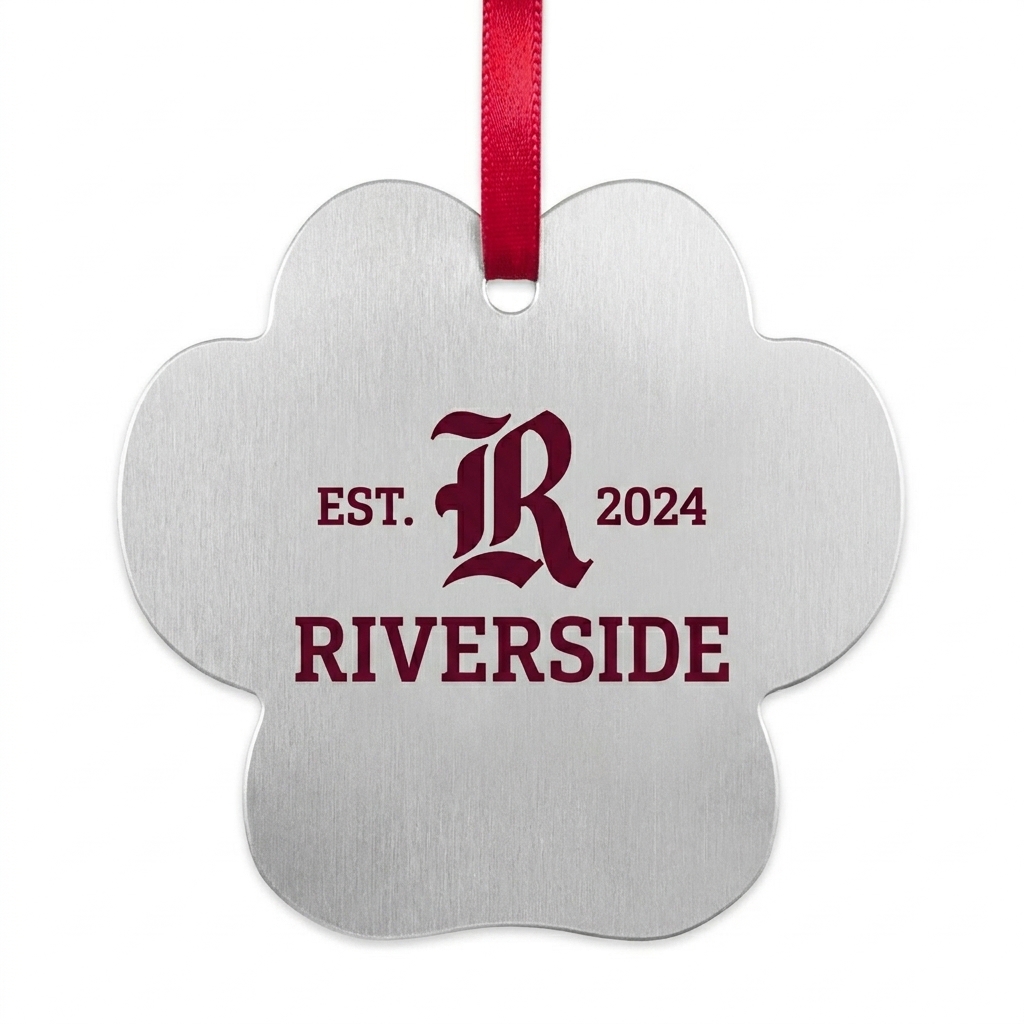 Custom Custom Metal Ornaments design direction 3: Retro Collegiate Emblem featuring the RIVERSIDE wordmark