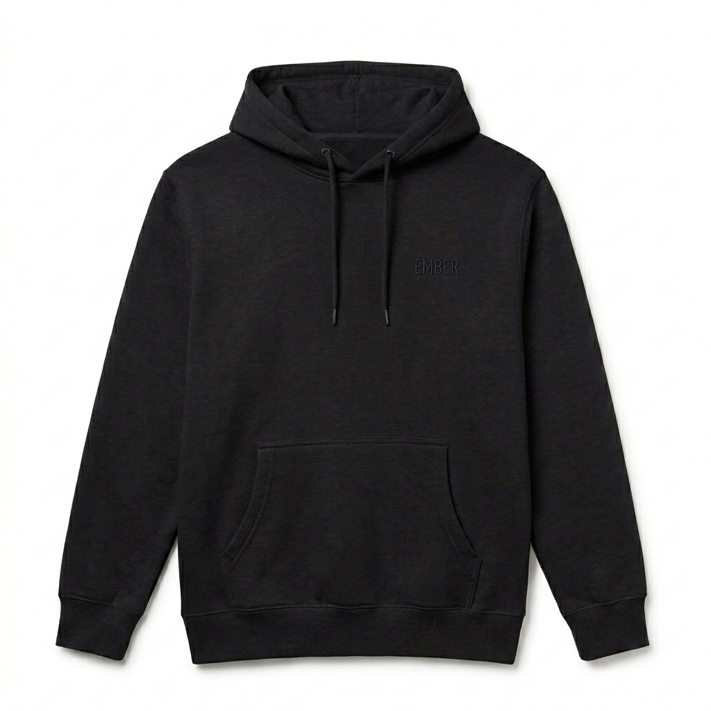 Custom Midweight Pullover Hoodie design direction 1: Tonal Minimalist Wordmark featuring the EMBER wordmark