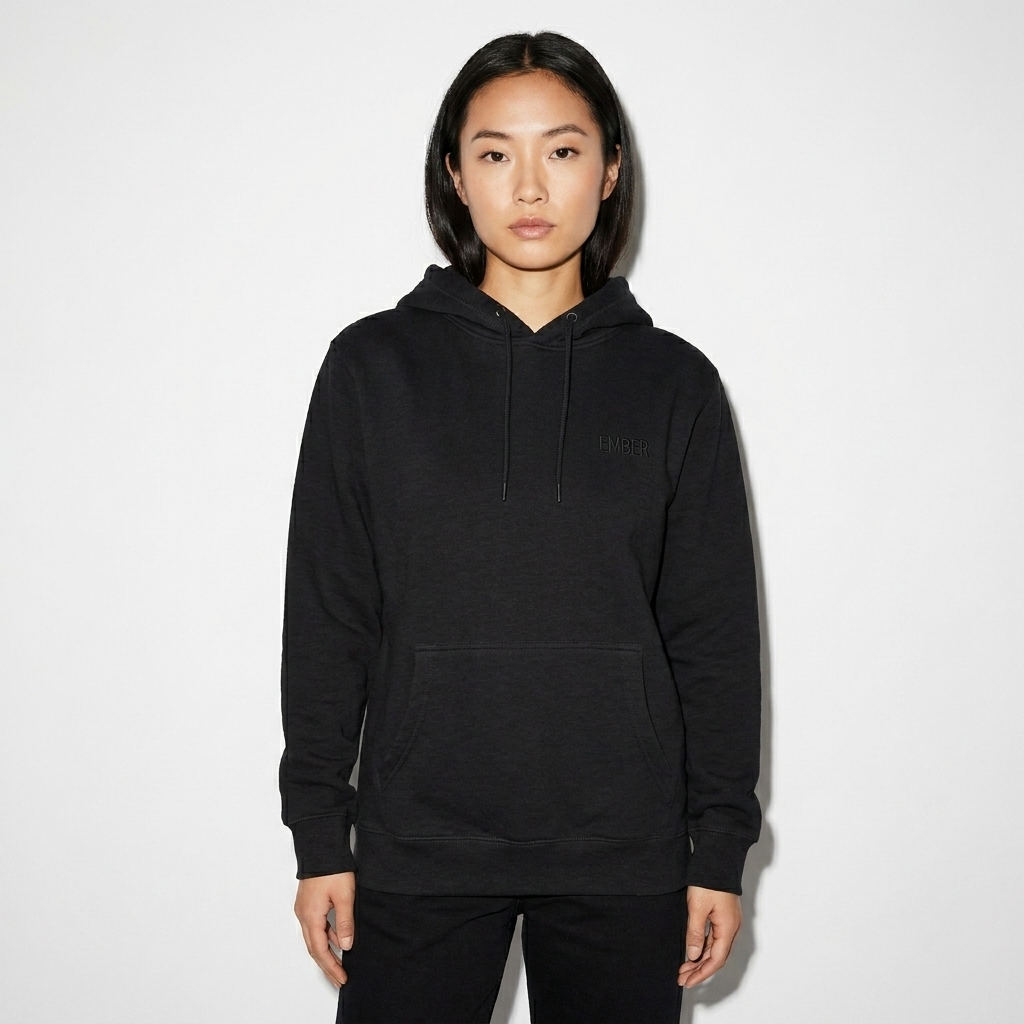Midweight Pullover Hoodie worn by a petite Chinese female fashion influencer, editorial avant-garde styling, studio lookbook — custom midweight pullover hoodie