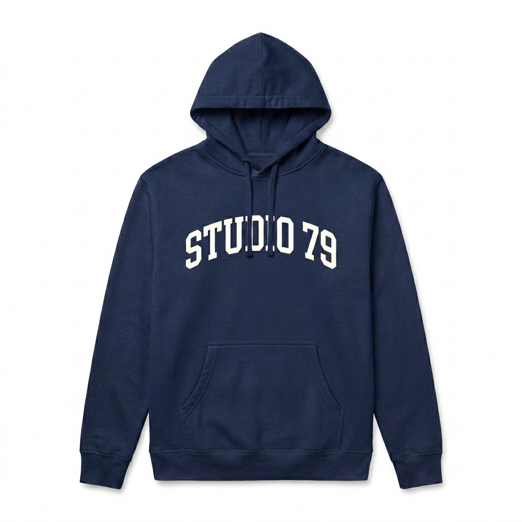 Custom Custom Midweight Hoodie design direction 3: Retro Collegiate Emblem featuring the STUDIO 79 wordmark