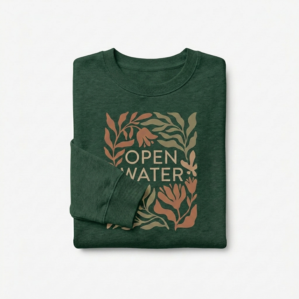 Custom Organic Crewneck Sweatshirt design direction 2: Abstract Botanical Graphic featuring the OPEN WATER wordmark