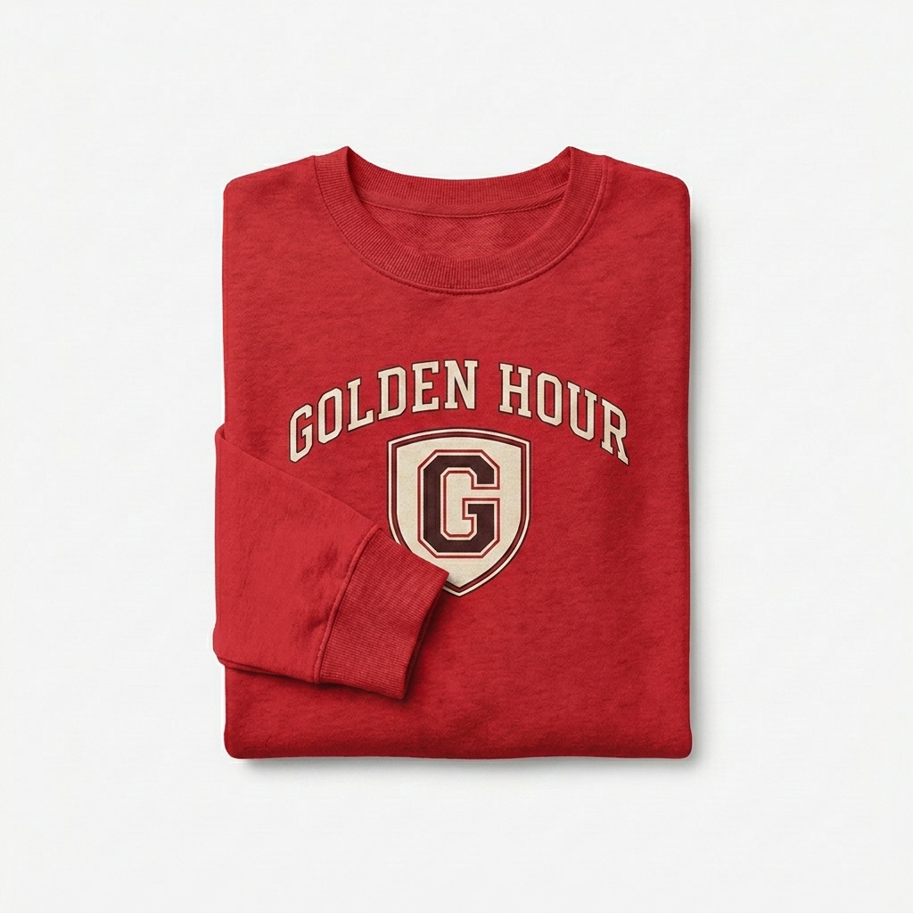 Custom Organic Crewneck Sweatshirt design direction 3: Retro Collegiate Emblem featuring the GOLDEN HOUR wordmark