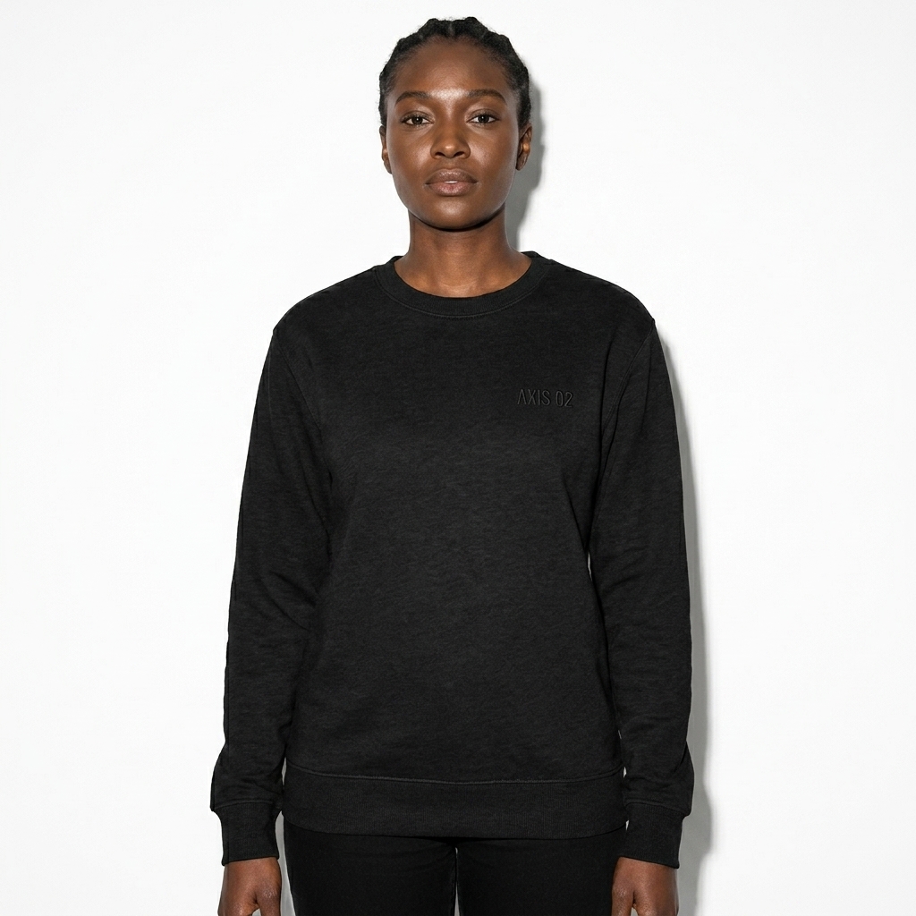 Organic Crewneck Sweatshirt worn by a broad-shouldered West African female fashion influencer, preppy ivy styling, studio lookbook — custom organic crewneck sweatshirt