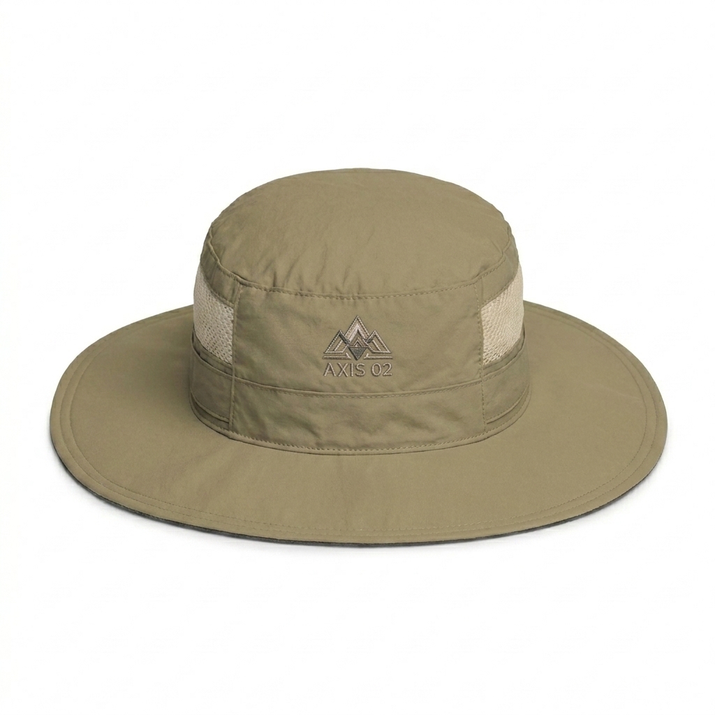 Custom Outdoor Booney Hat design direction 2: Geometric Adventure Emblem featuring the AXIS 02 wordmark