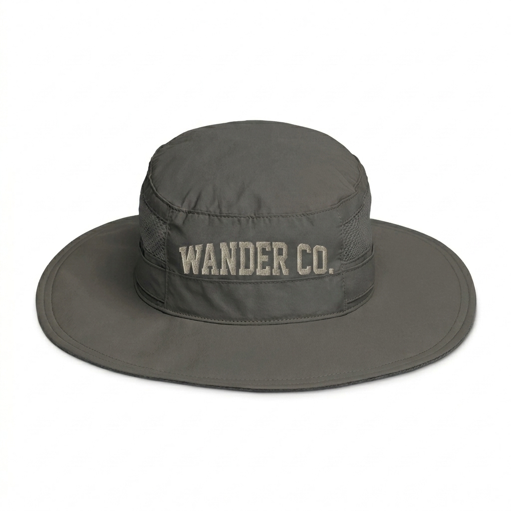 Custom Outdoor Booney Hat design direction 3: Retro Collegiate Explorer featuring the WANDER CO. wordmark