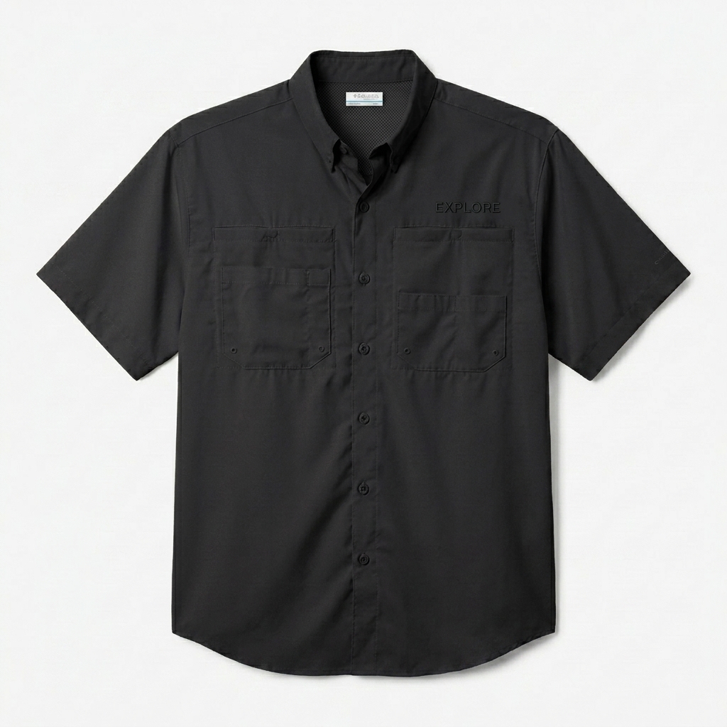 Custom Performance Button-Up Shirt design direction 1: Tonal Explorer Wordmark featuring the EXPLORE wordmark
