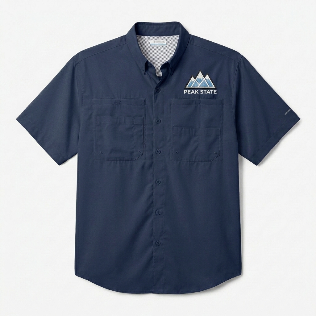 Custom Performance Button-Up Shirt design direction 2: Geometric Mountain Emblem featuring the PEAK STATE wordmark