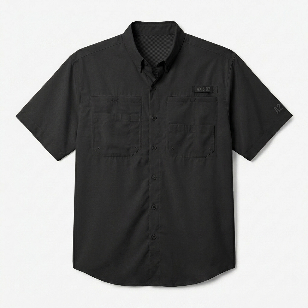 Custom Performance Button-Up Shirt design direction 3: Utility Patch Monogram featuring the AXIS 02 wordmark