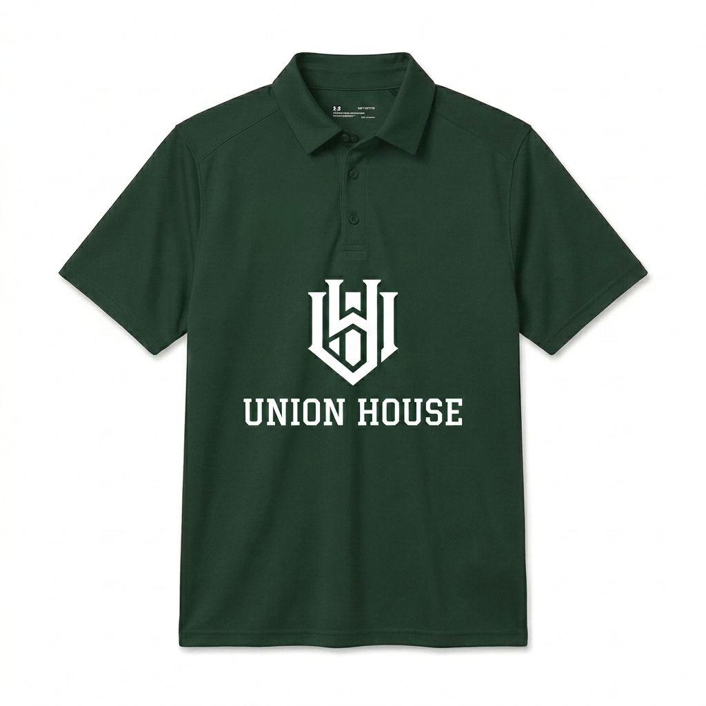 Custom Performance Polo Shirt design direction 2: Collegiate Crest Graphic featuring the UNION HOUSE wordmark