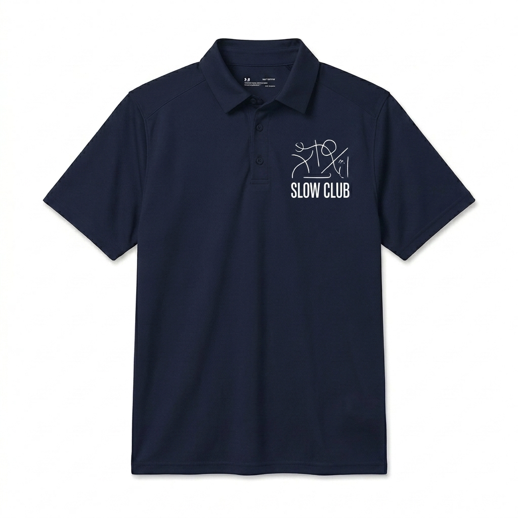 Custom Performance Polo Shirt design direction 3: Abstract Line Art featuring the SLOW CLUB wordmark