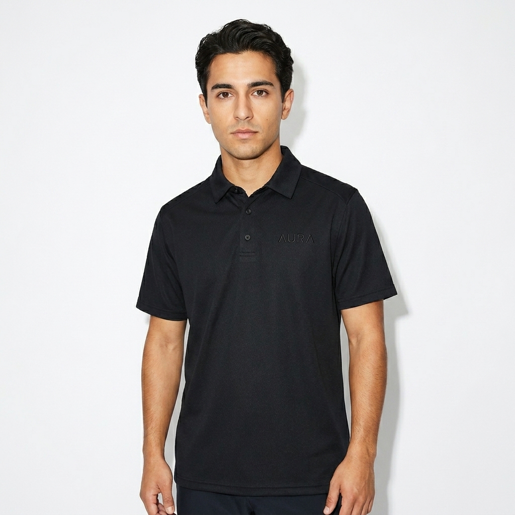 Performance Polo Shirt worn by a petite Mediterranean male fashion influencer, workwear utility styling, studio lookbook — custom performance polo shirt