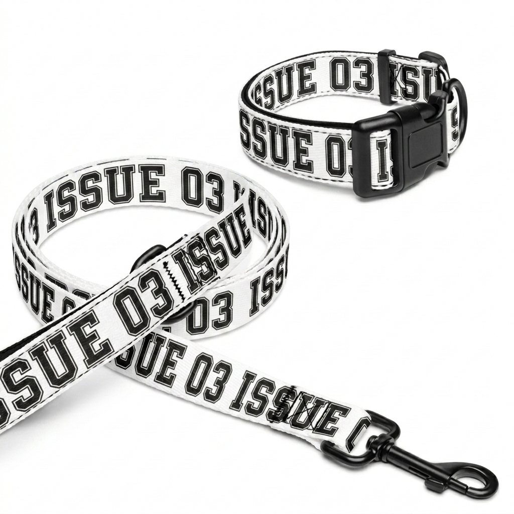 Custom Custom Pet Collar & Leash Set design direction 3: Retro Collegiate Wordmark featuring the ISSUE 03 wordmark