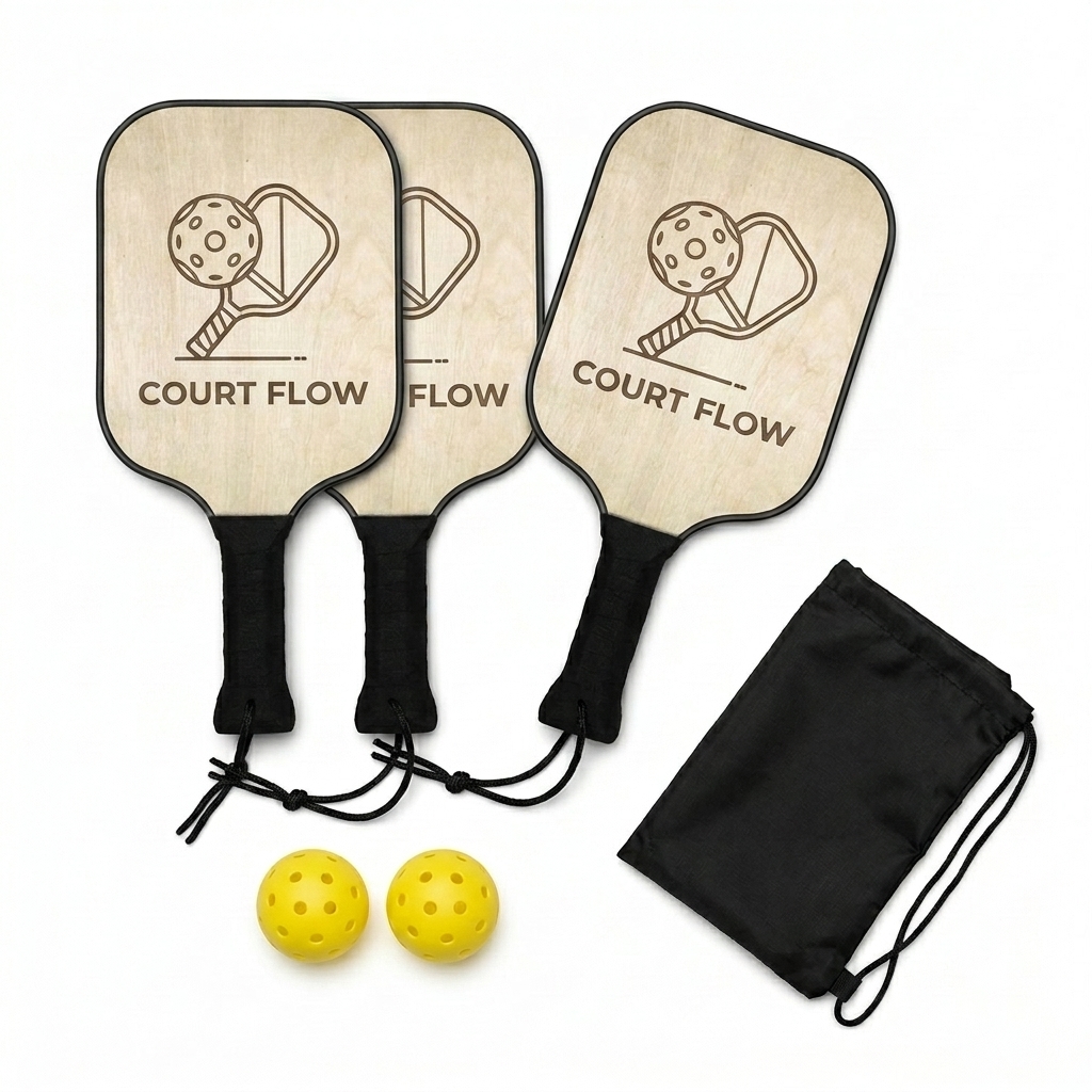 Custom Custom Pickleball Paddle Set design direction 3: Geometric Paddle Graphic featuring the COURT FLOW wordmark