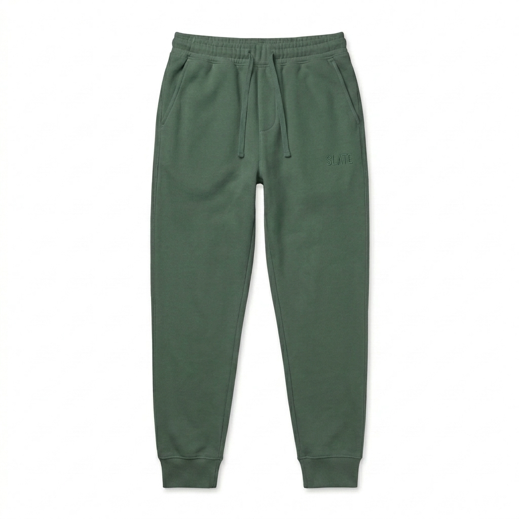 Custom Custom Pigment-Dyed Sweatpants design direction 1: Tonal Minimalist Wordmark featuring the SLATE wordmark