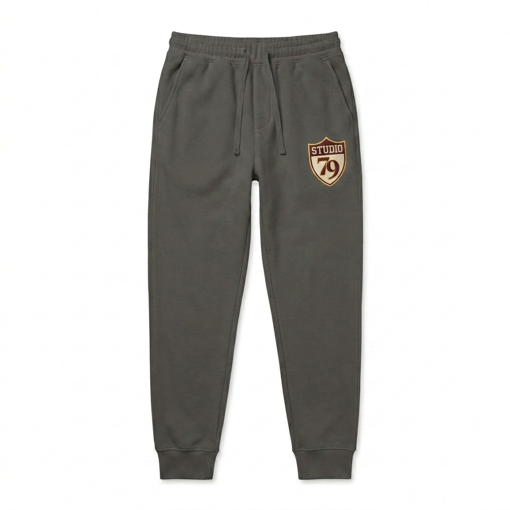 Custom Custom Pigment-Dyed Sweatpants design direction 2: Retro Collegiate Emblem featuring the STUDIO 79 wordmark